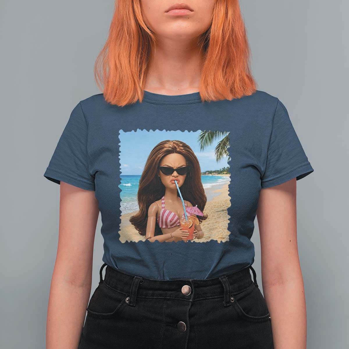 Funny Summer Doll Face Meme T Shirt For Women Tropical Beach Party Graphic