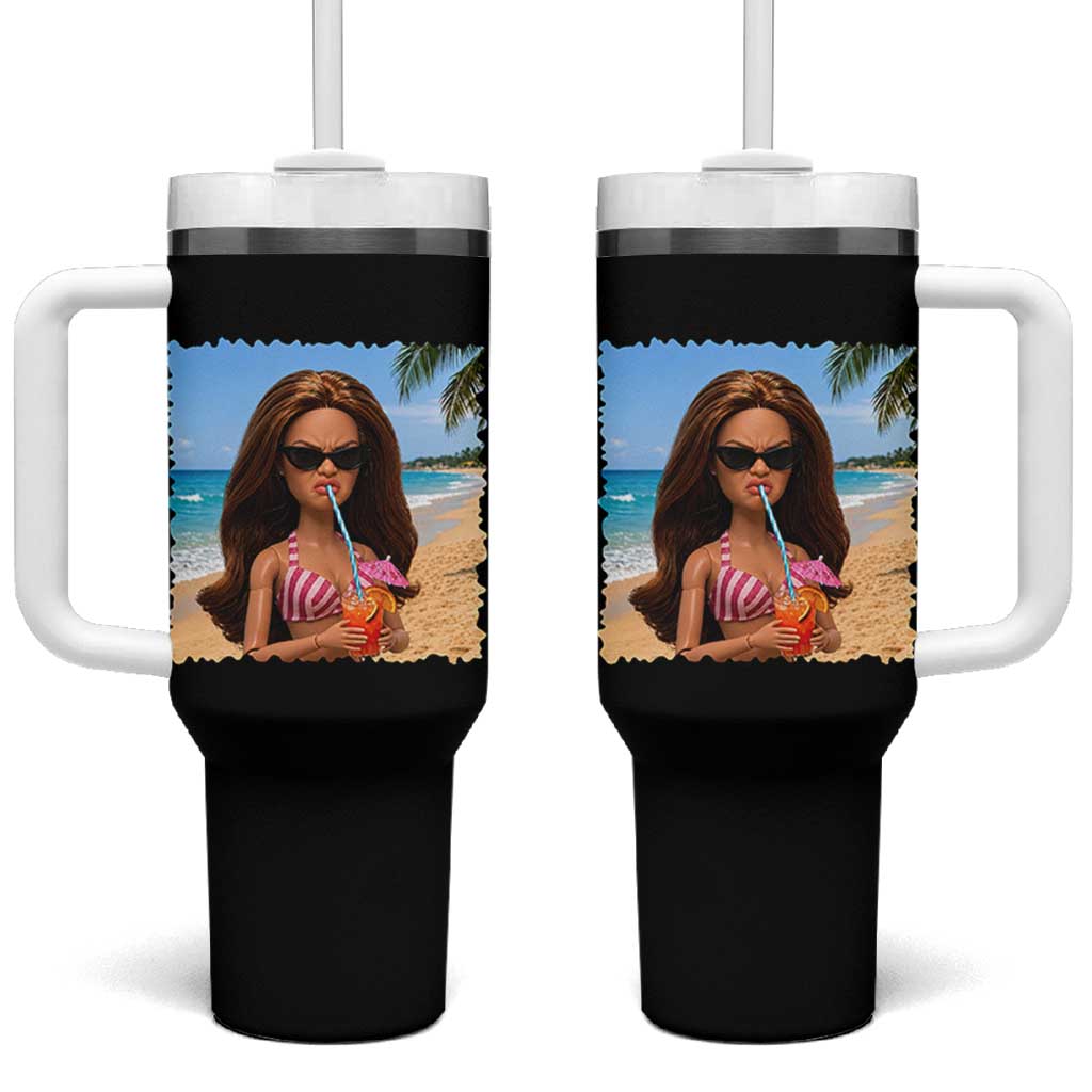 Funny Summer Doll Face Meme Tumbler With Handle Tropical Beach Party Graphic