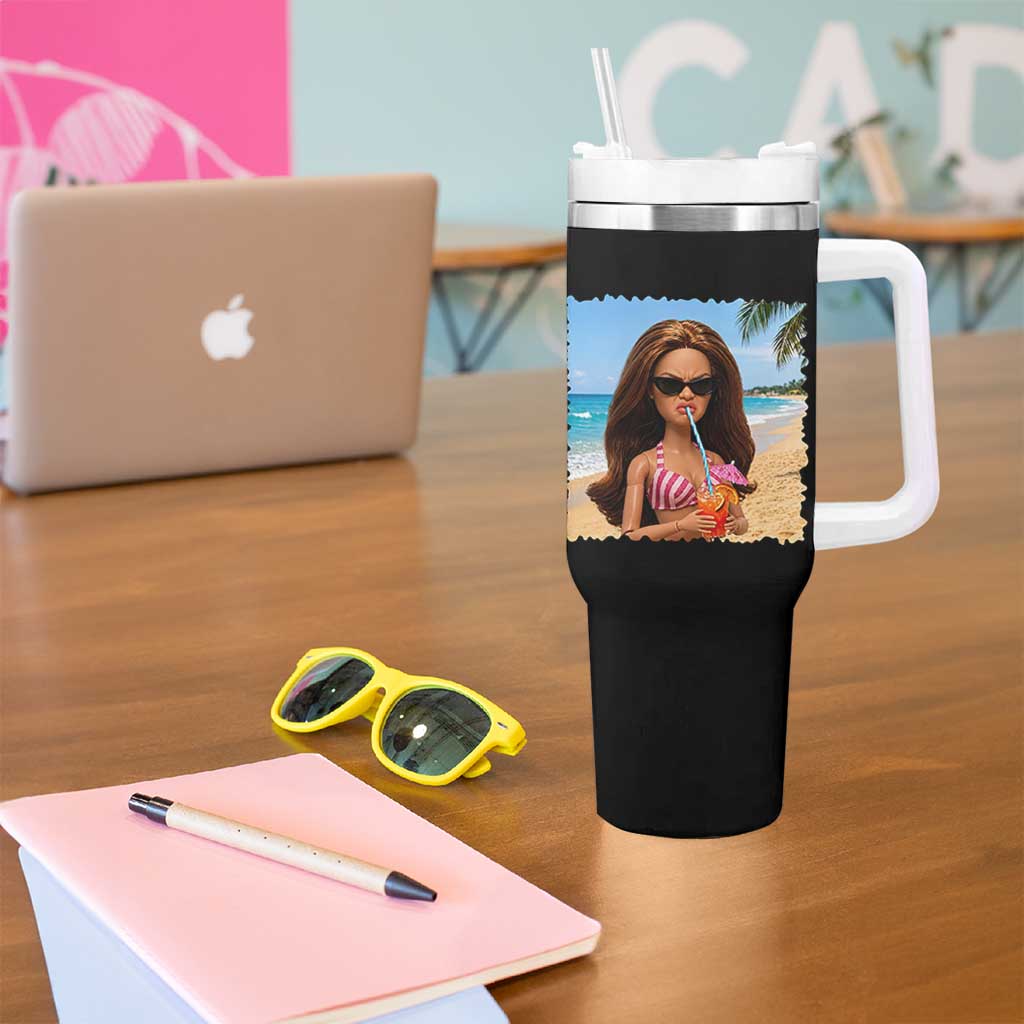 Funny Summer Doll Face Meme Tumbler With Handle Tropical Beach Party Graphic
