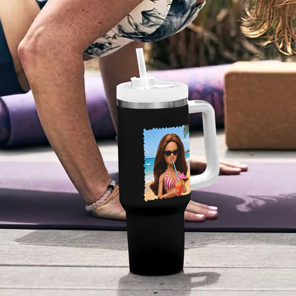 Funny Summer Doll Face Meme Tumbler With Handle Tropical Beach Party Graphic