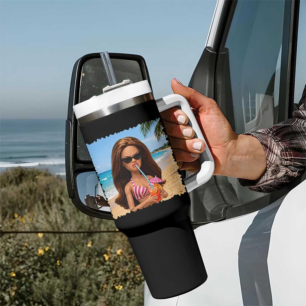 Funny Summer Doll Face Meme Tumbler With Handle Tropical Beach Party Graphic