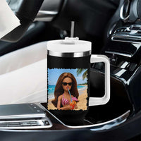 Funny Summer Doll Face Meme Tumbler With Handle Tropical Beach Party Graphic