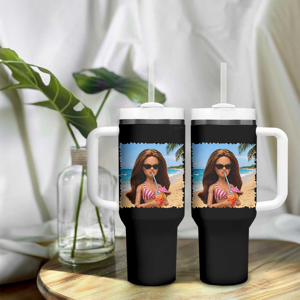 Funny Summer Doll Face Meme Tumbler With Handle Tropical Beach Party Graphic
