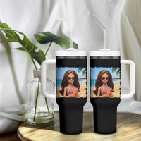 Funny Summer Doll Face Meme Tumbler With Handle Tropical Beach Party Graphic