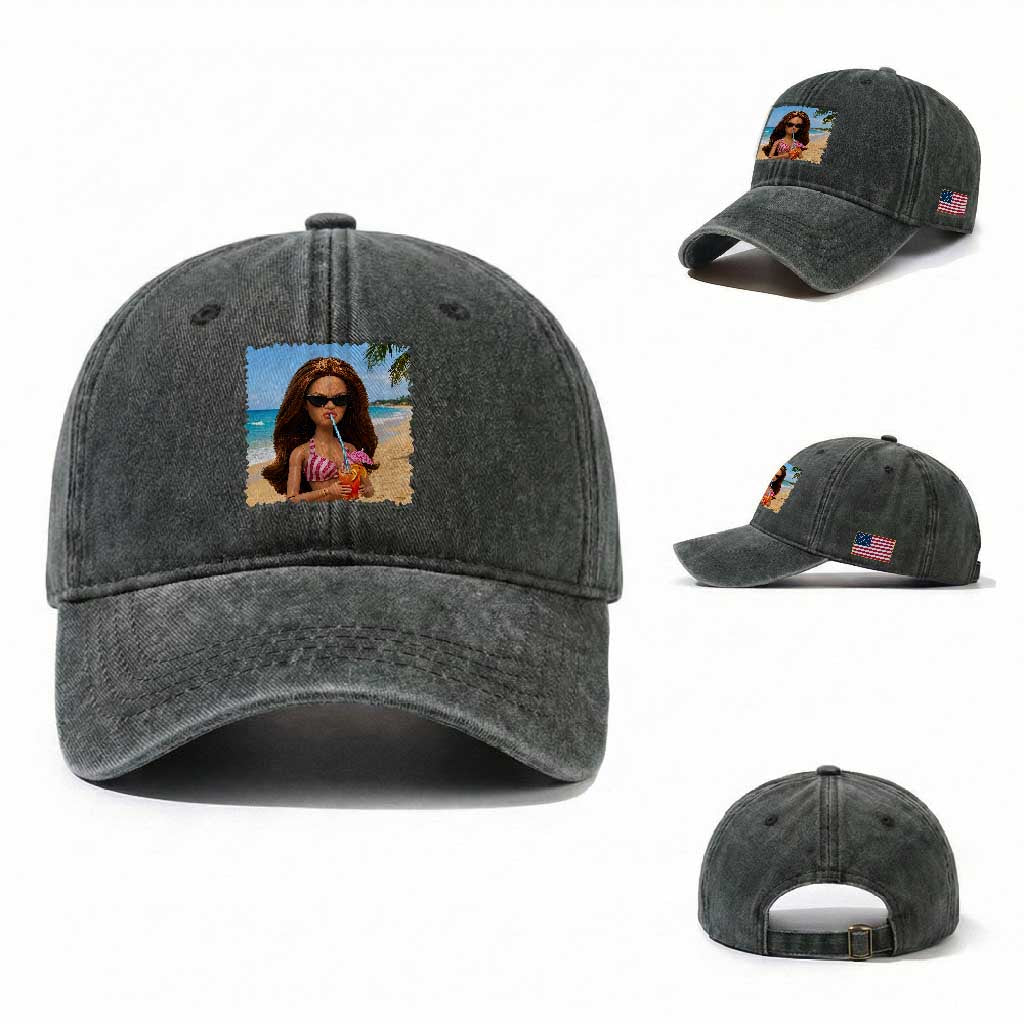 Funny Summer Doll Face Meme Washed Cotton Baseball Cap Tropical Beach Party Graphic