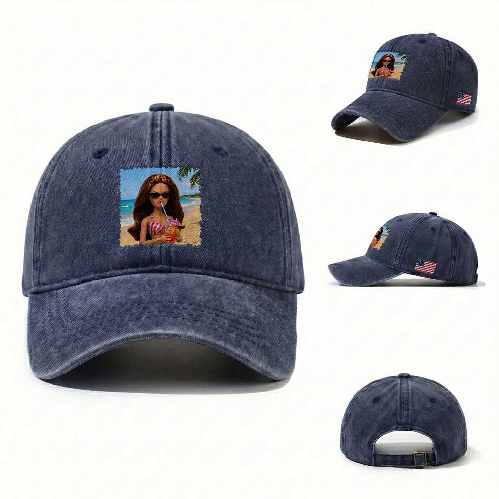 Funny Summer Doll Face Meme Washed Cotton Baseball Cap Tropical Beach Party Graphic