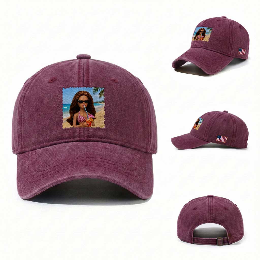 Funny Summer Doll Face Meme Washed Cotton Baseball Cap Tropical Beach Party Graphic