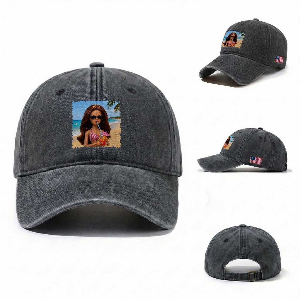 Funny Summer Doll Face Meme Washed Cotton Baseball Cap Tropical Beach Party Graphic