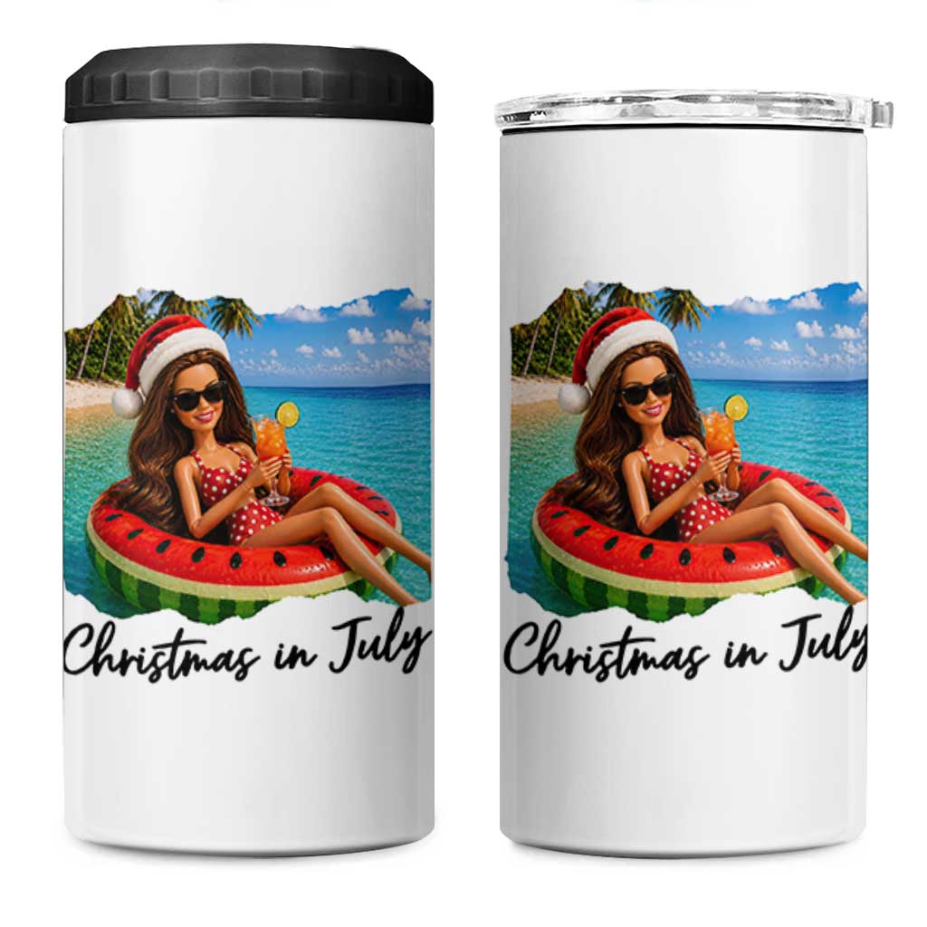 Christmas In July Tropical Doll Face Meme 4 in 1 Can Cooler Tumbler Summer Vacation Graphic
