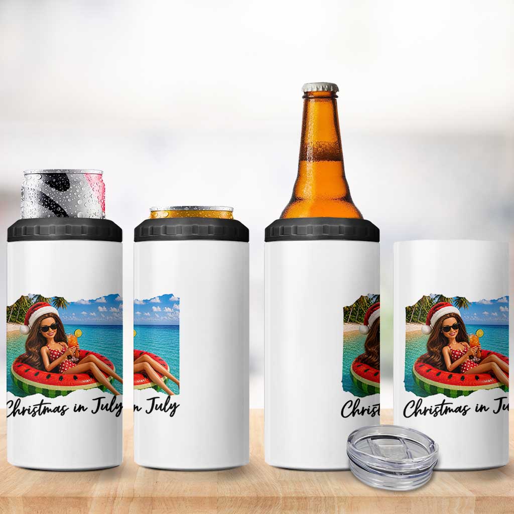 Christmas In July Tropical Doll Face Meme 4 in 1 Can Cooler Tumbler Summer Vacation Graphic