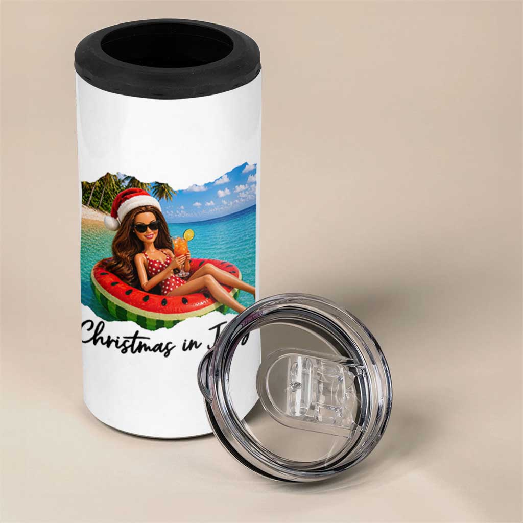 Christmas In July Tropical Doll Face Meme 4 in 1 Can Cooler Tumbler Summer Vacation Graphic