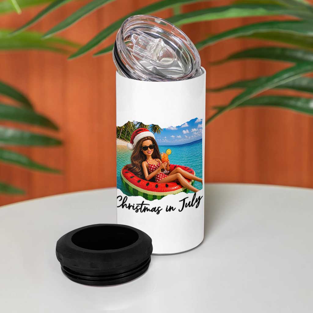 Christmas In July Tropical Doll Face Meme 4 in 1 Can Cooler Tumbler Summer Vacation Graphic