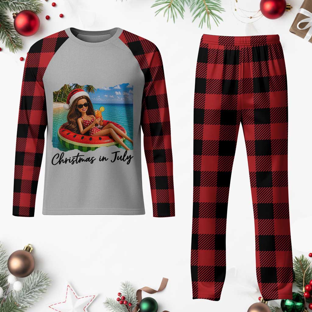 Christmas In July Tropical Doll Face Meme Plaid Pajama Set Summer Vacation Graphic