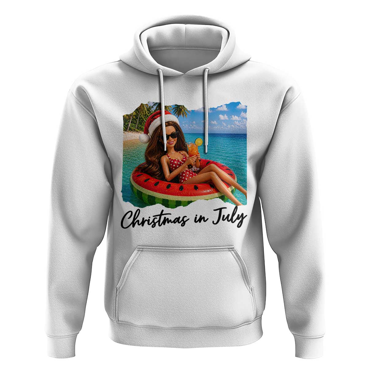Christmas In July Tropical Doll Face Meme Hoodie Summer Vacation Graphic