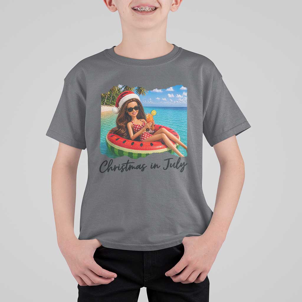 Christmas In July Tropical Doll Face Meme T Shirt For Kid Summer Vacation Graphic