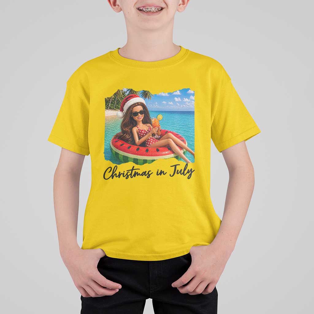 Christmas In July Tropical Doll Face Meme T Shirt For Kid Summer Vacation Graphic