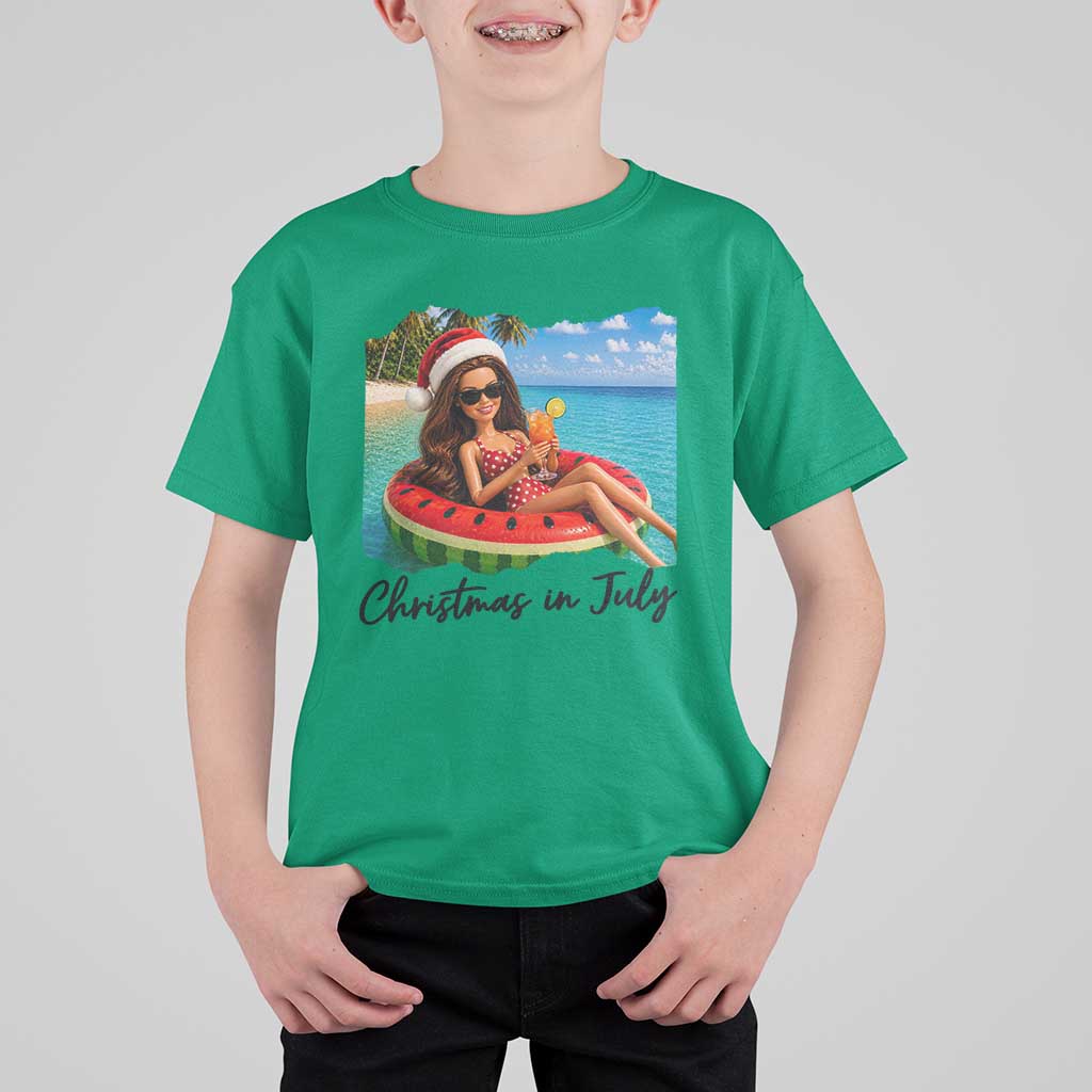 Christmas In July Tropical Doll Face Meme T Shirt For Kid Summer Vacation Graphic