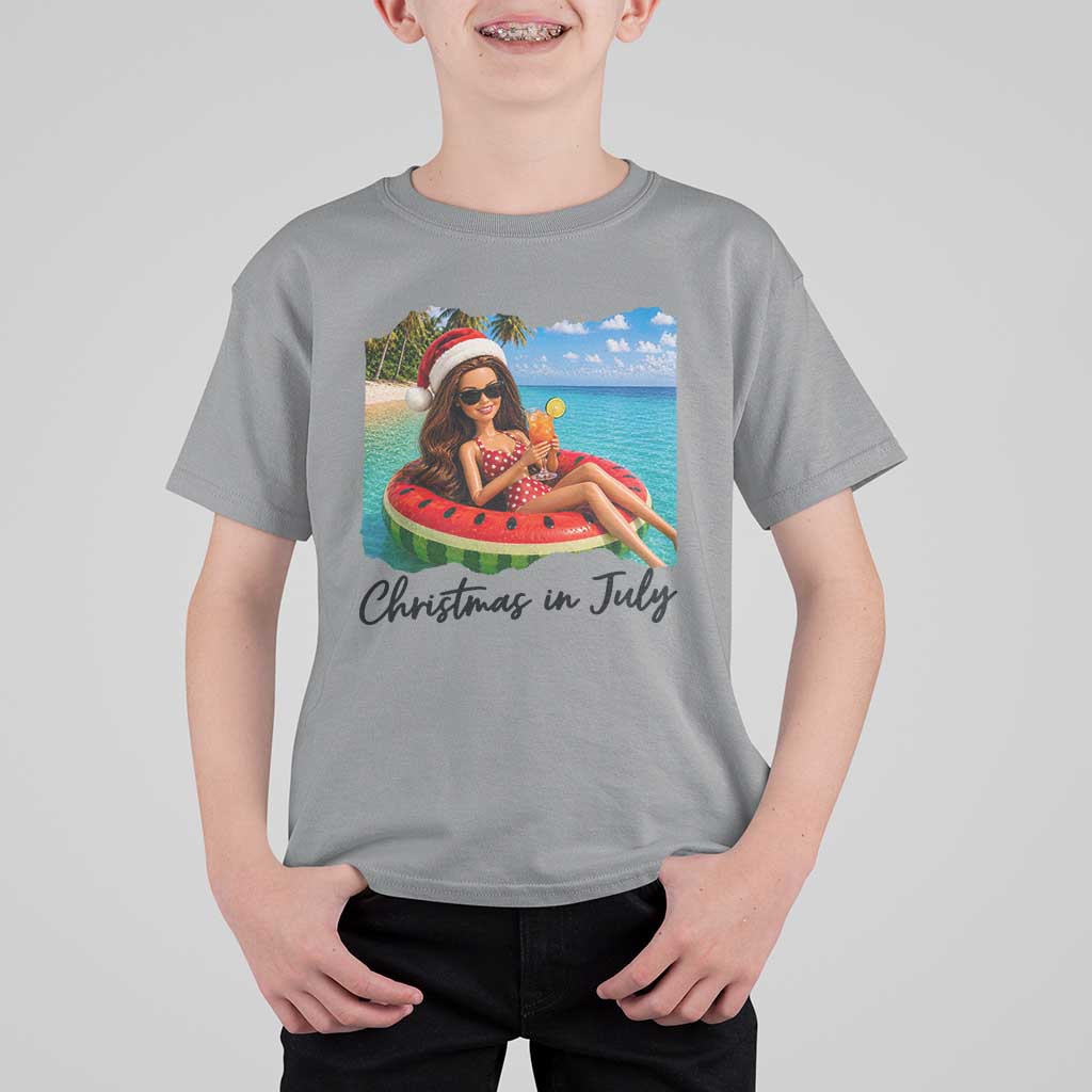 Christmas In July Tropical Doll Face Meme T Shirt For Kid Summer Vacation Graphic