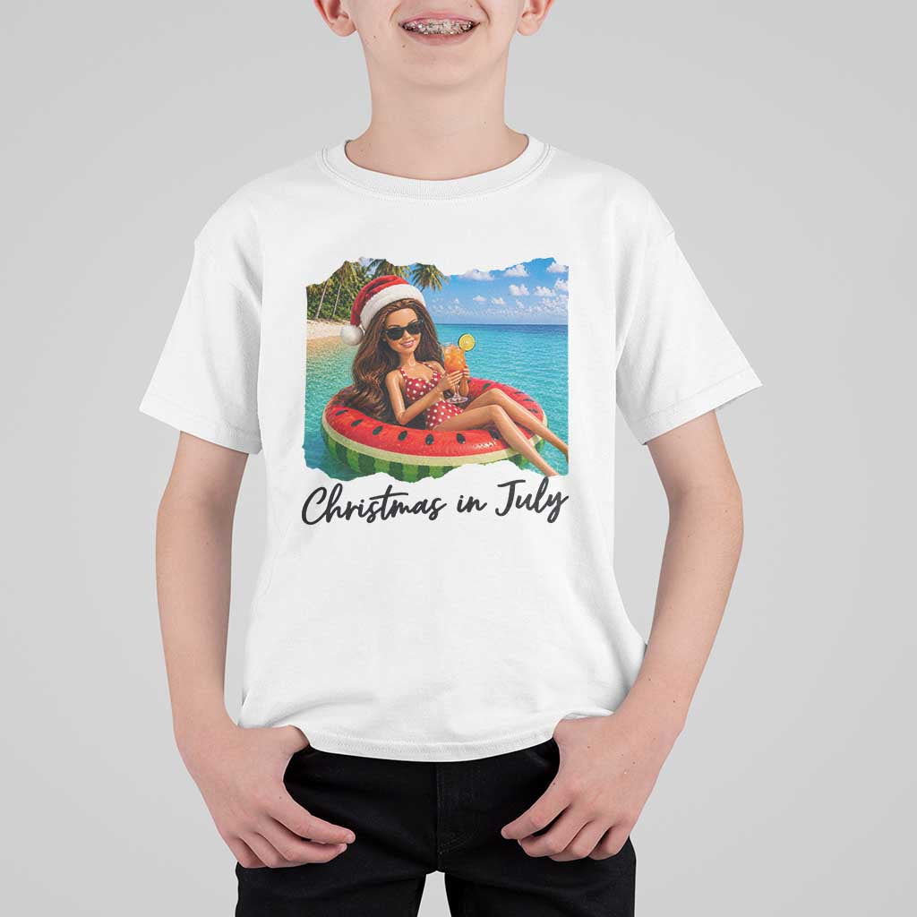 Christmas In July Tropical Doll Face Meme T Shirt For Kid Summer Vacation Graphic