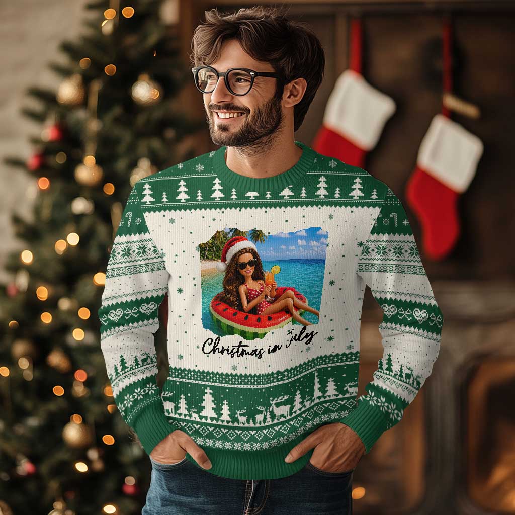 Christmas In July Tropical Doll Face Meme Ugly Christmas Sweater Summer Vacation Graphic