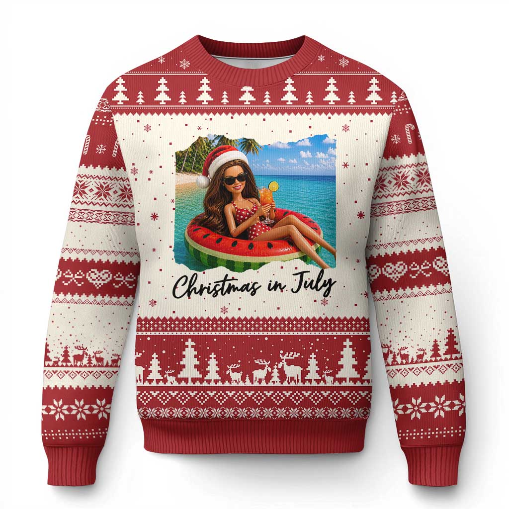 Christmas In July Tropical Doll Face Meme Ugly Christmas Sweater Summer Vacation Graphic