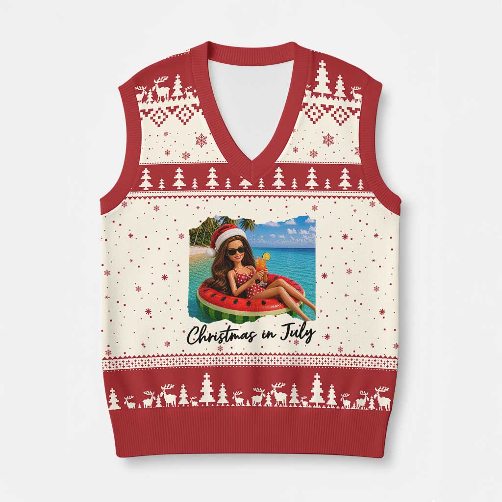 Christmas In July Tropical Doll Face Meme V-Neck Knit Sweater Vest Summer Vacation Graphic