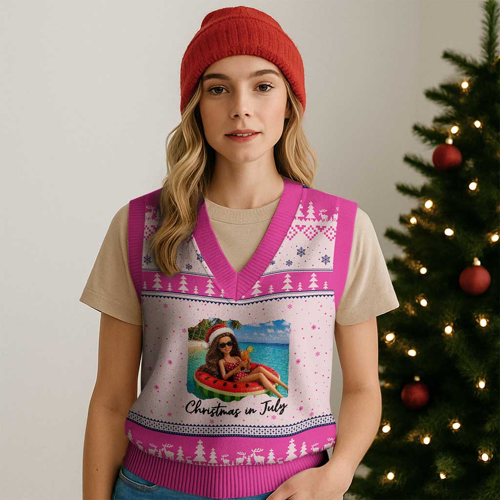 Christmas In July Tropical Doll Face Meme V-Neck Knit Sweater Vest Summer Vacation Graphic