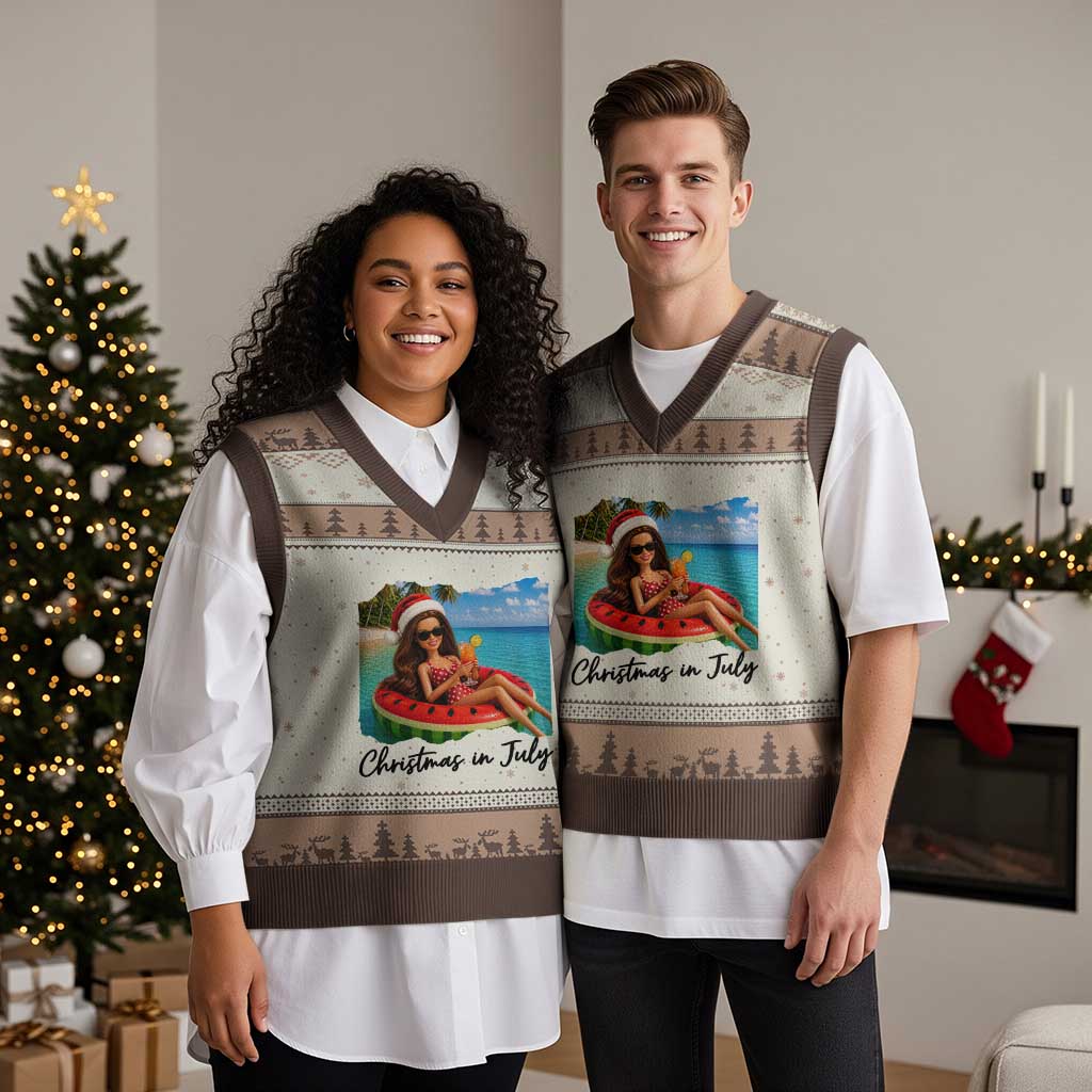 Christmas In July Tropical Doll Face Meme V-Neck Knit Sweater Vest Summer Vacation Graphic