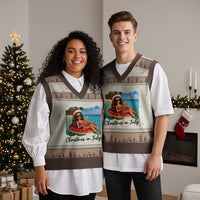 Christmas In July Tropical Doll Face Meme V-Neck Knit Sweater Vest Summer Vacation Graphic