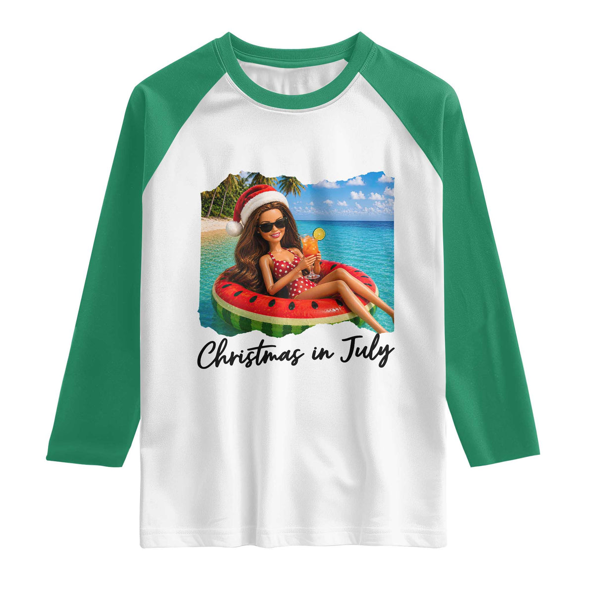 Christmas In July Tropical Doll Face Meme Raglan Shirt Summer Vacation Graphic