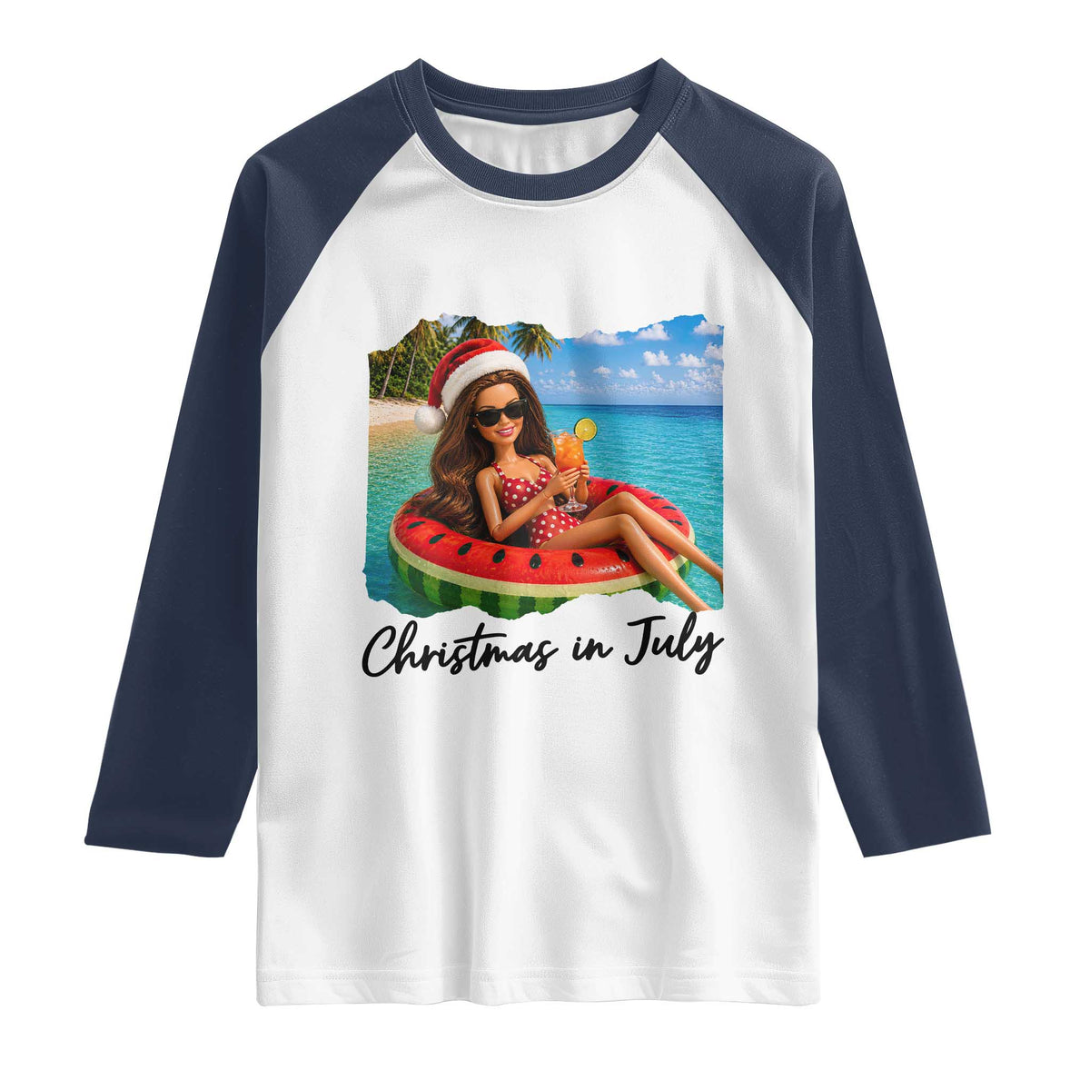 Christmas In July Tropical Doll Face Meme Raglan Shirt Summer Vacation Graphic