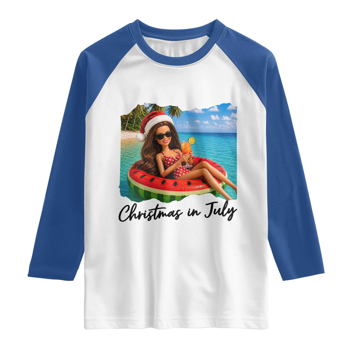 Christmas In July Tropical Doll Face Meme Raglan Shirt Summer Vacation Graphic