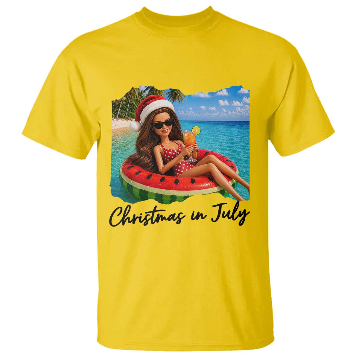 Christmas In July Tropical Doll Face Meme T Shirt Summer Vacation Graphic