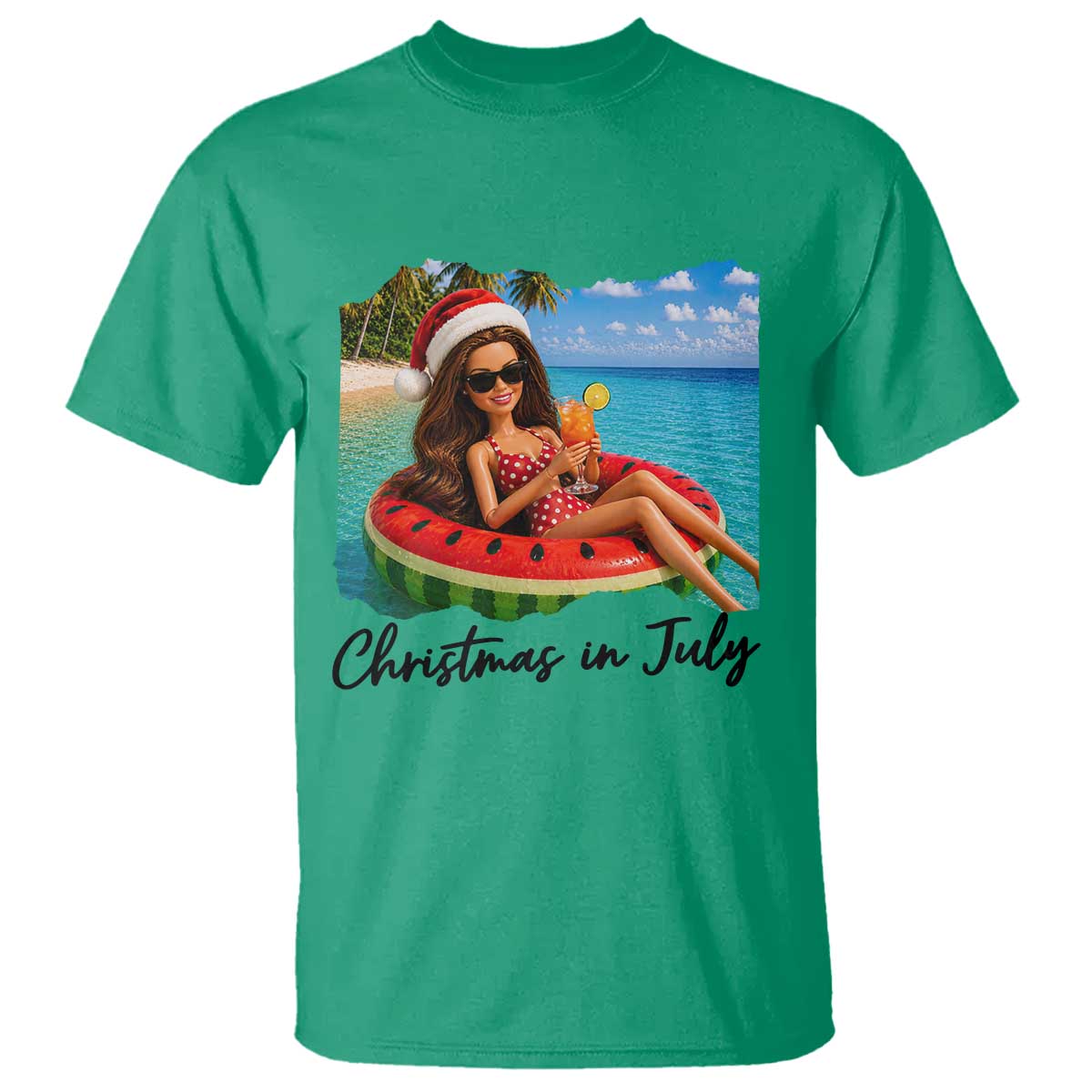 Christmas In July Tropical Doll Face Meme T Shirt Summer Vacation Graphic