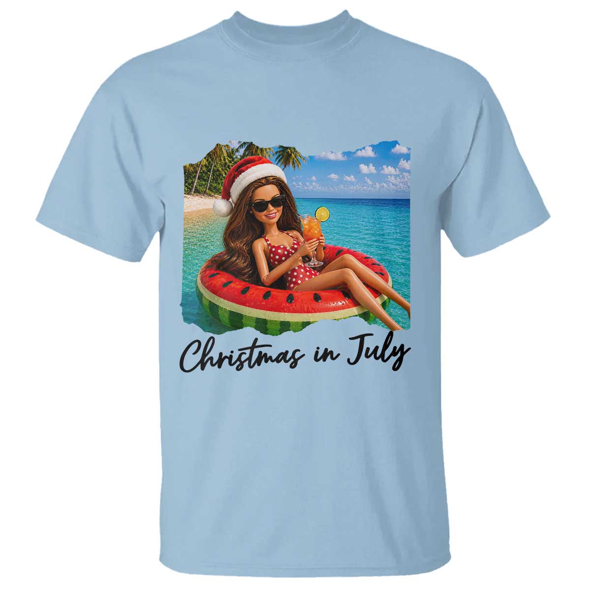 Christmas In July Tropical Doll Face Meme T Shirt Summer Vacation Graphic