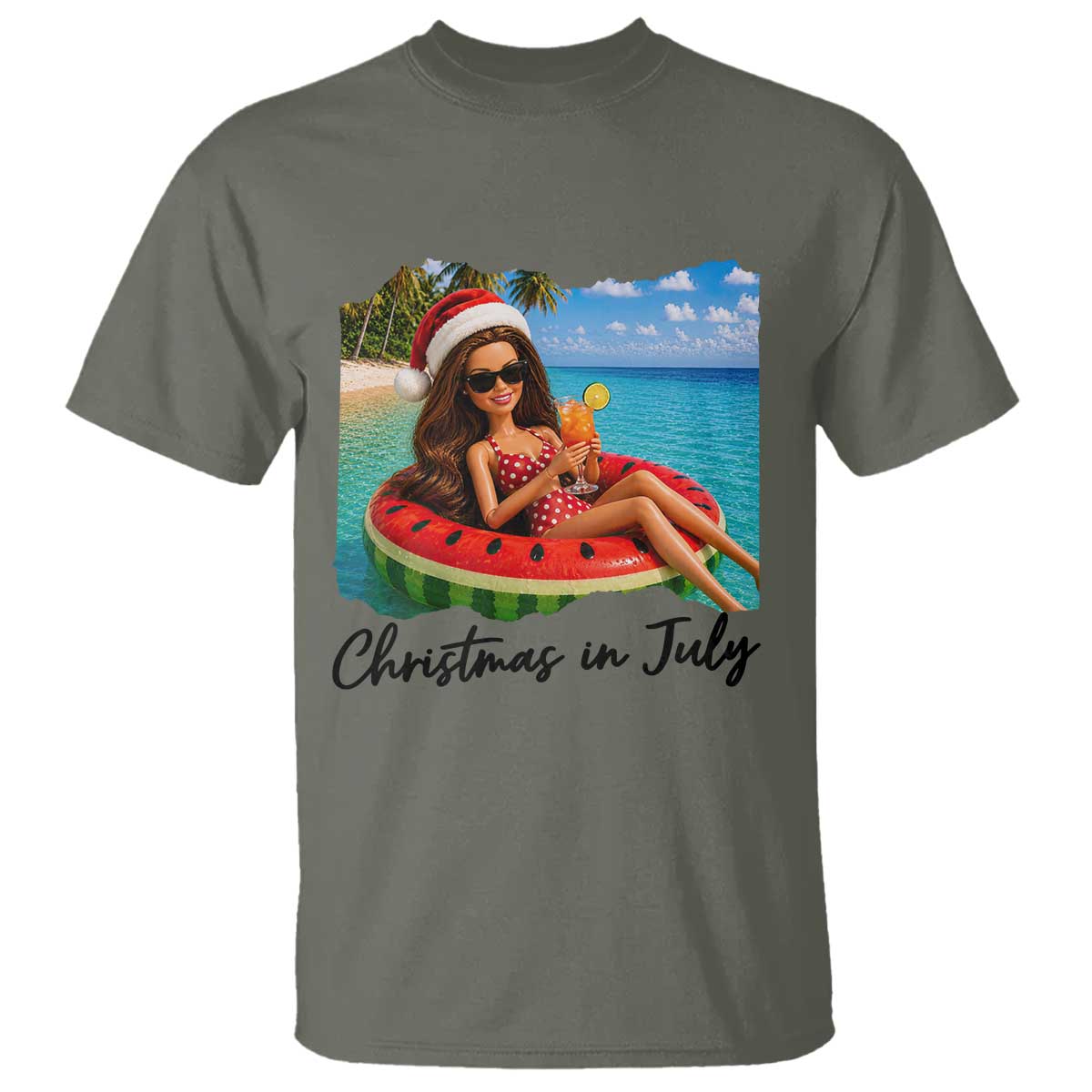 Christmas In July Tropical Doll Face Meme T Shirt Summer Vacation Graphic