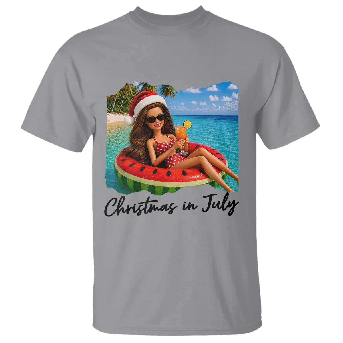 Christmas In July Tropical Doll Face Meme T Shirt Summer Vacation Graphic