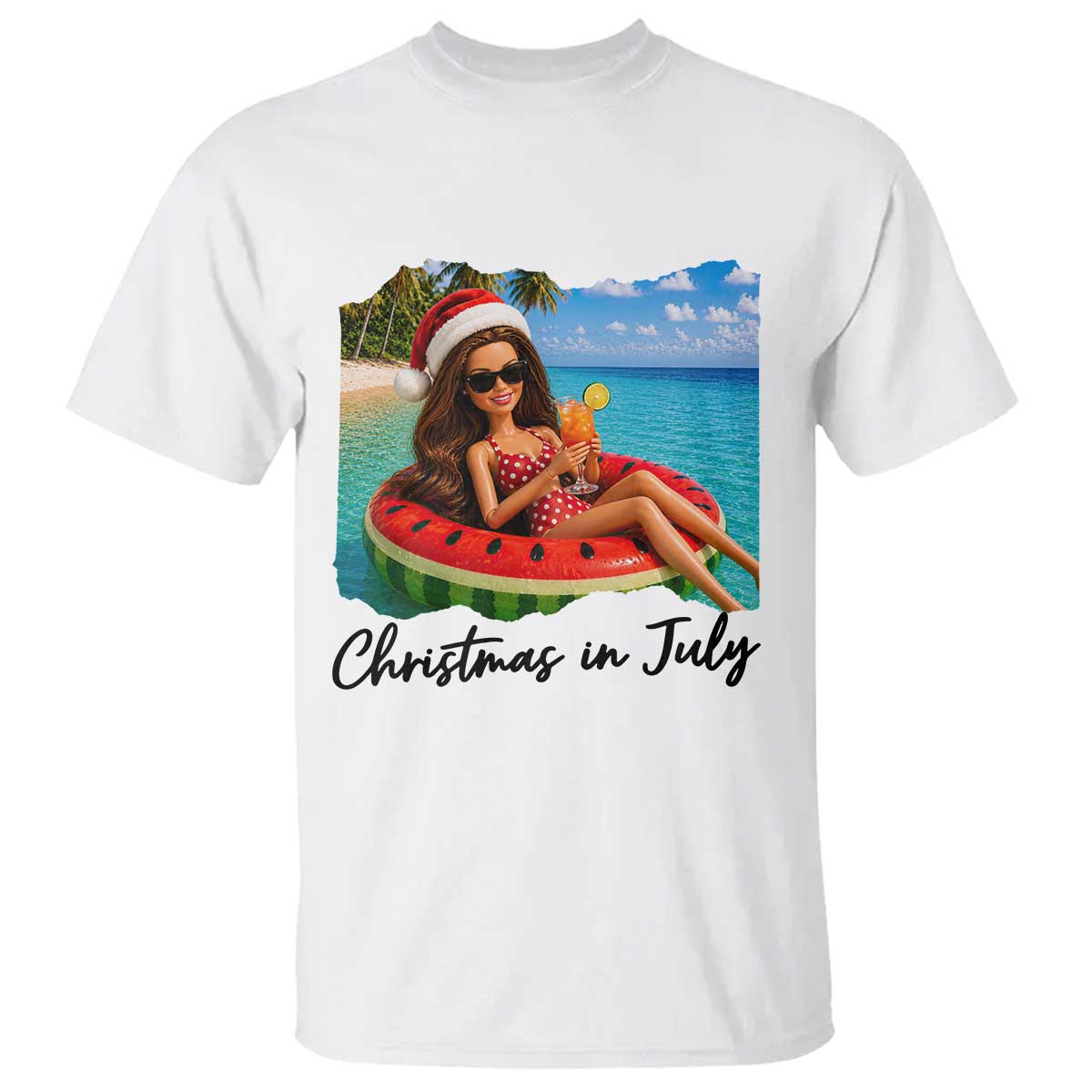 Christmas In July Tropical Doll Face Meme T Shirt Summer Vacation Graphic