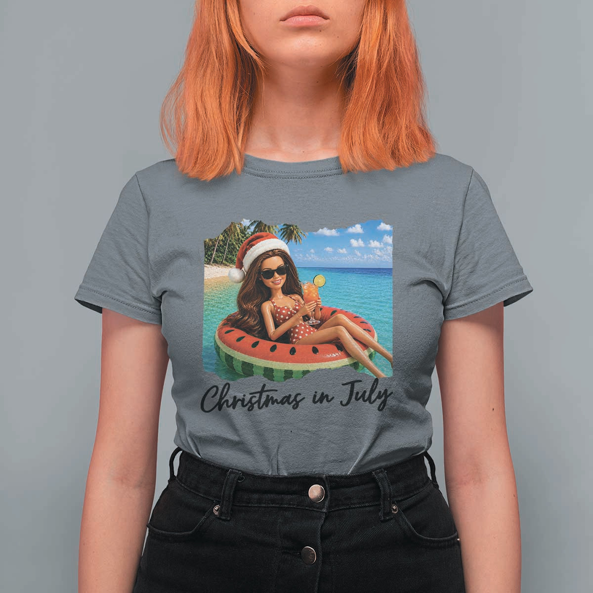 Christmas In July Tropical Doll Face Meme T Shirt For Women Summer Vacation Graphic