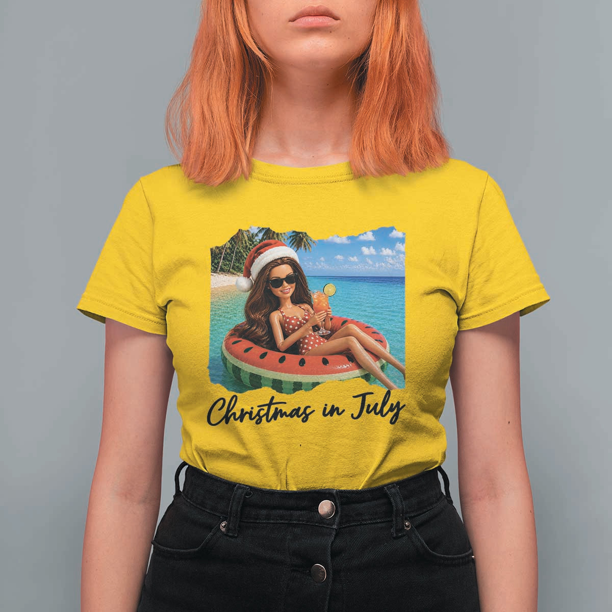 Christmas In July Tropical Doll Face Meme T Shirt For Women Summer Vacation Graphic