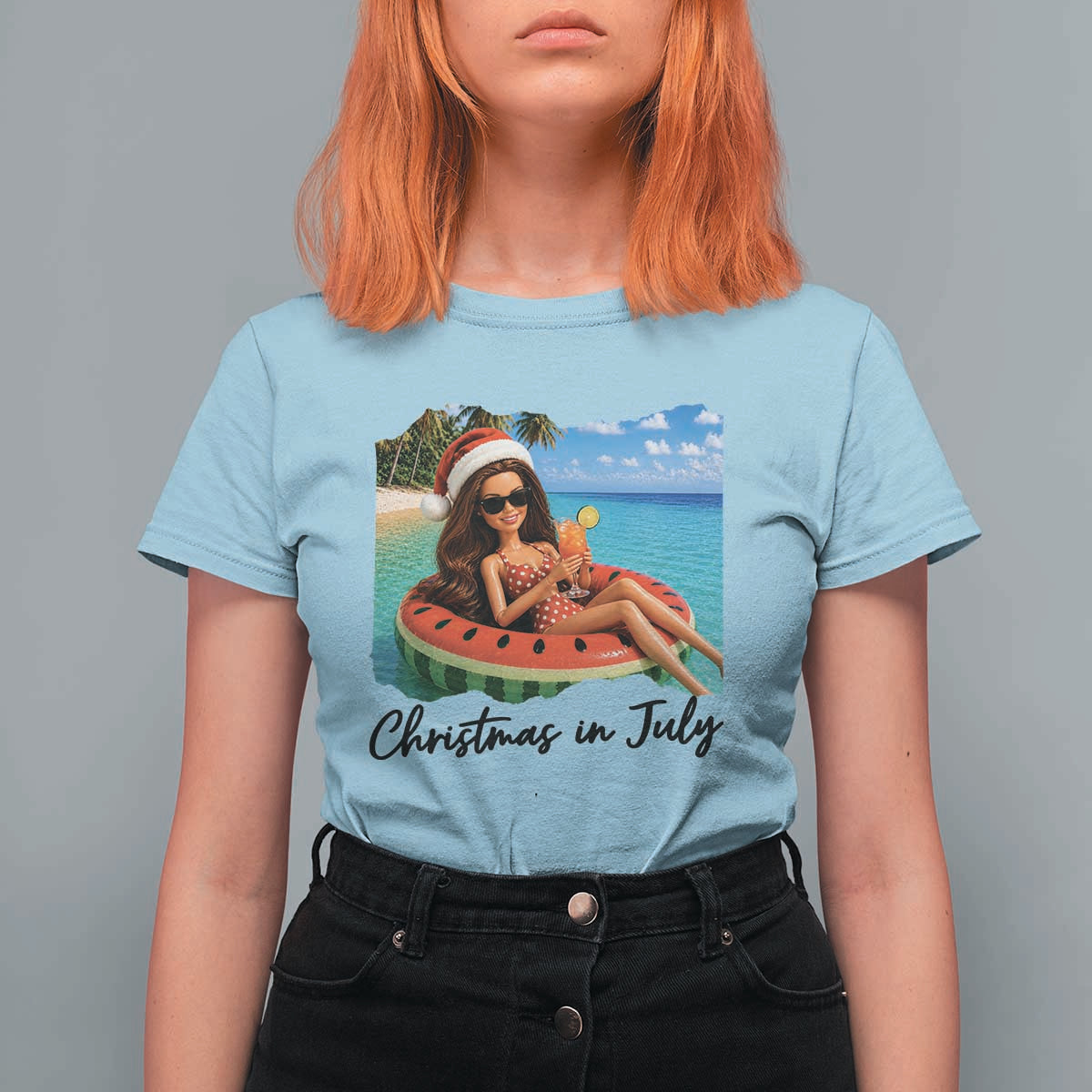Christmas In July Tropical Doll Face Meme T Shirt For Women Summer Vacation Graphic