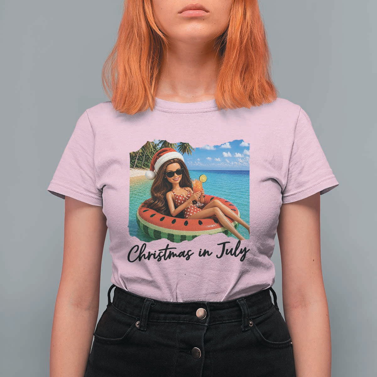 Christmas In July Tropical Doll Face Meme T Shirt For Women Summer Vacation Graphic