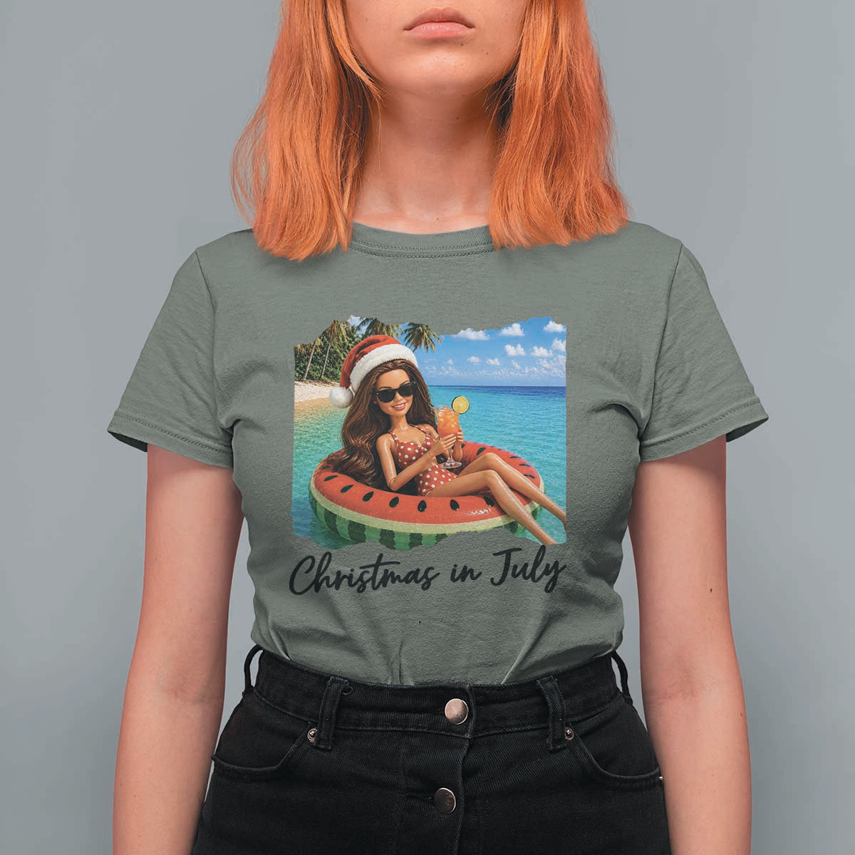 Christmas In July Tropical Doll Face Meme T Shirt For Women Summer Vacation Graphic