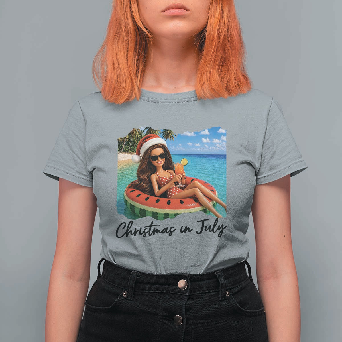 Christmas In July Tropical Doll Face Meme T Shirt For Women Summer Vacation Graphic