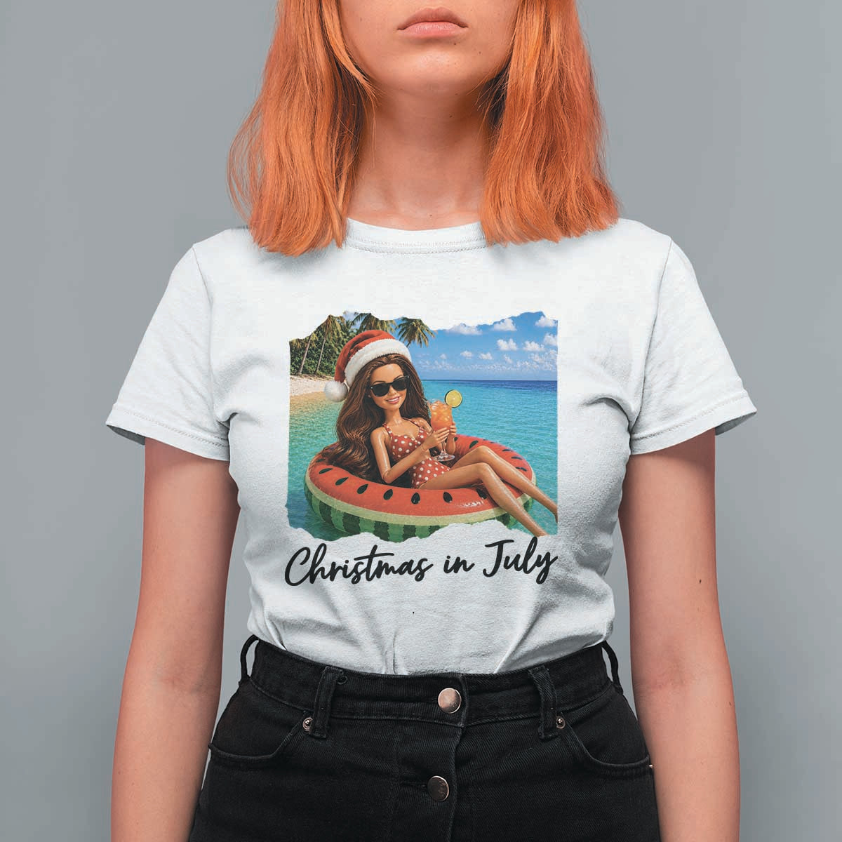 Christmas In July Tropical Doll Face Meme T Shirt For Women Summer Vacation Graphic