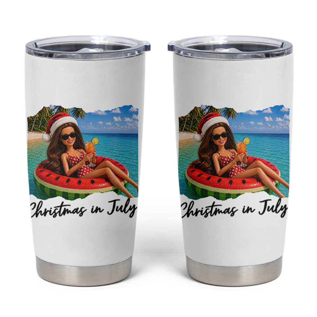 Christmas In July Tropical Doll Face Meme Tumbler Cup Summer Vacation Graphic
