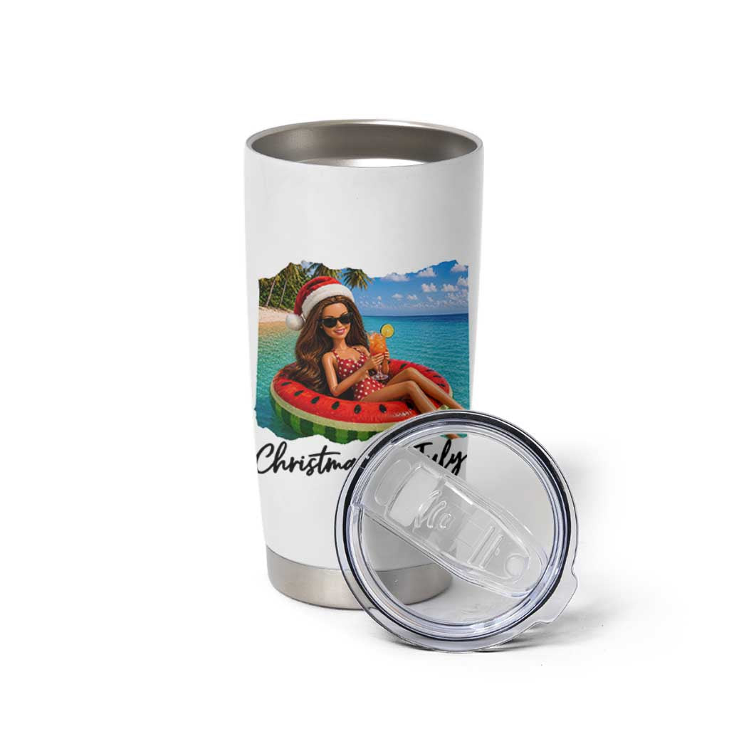 Christmas In July Tropical Doll Face Meme Tumbler Cup Summer Vacation Graphic