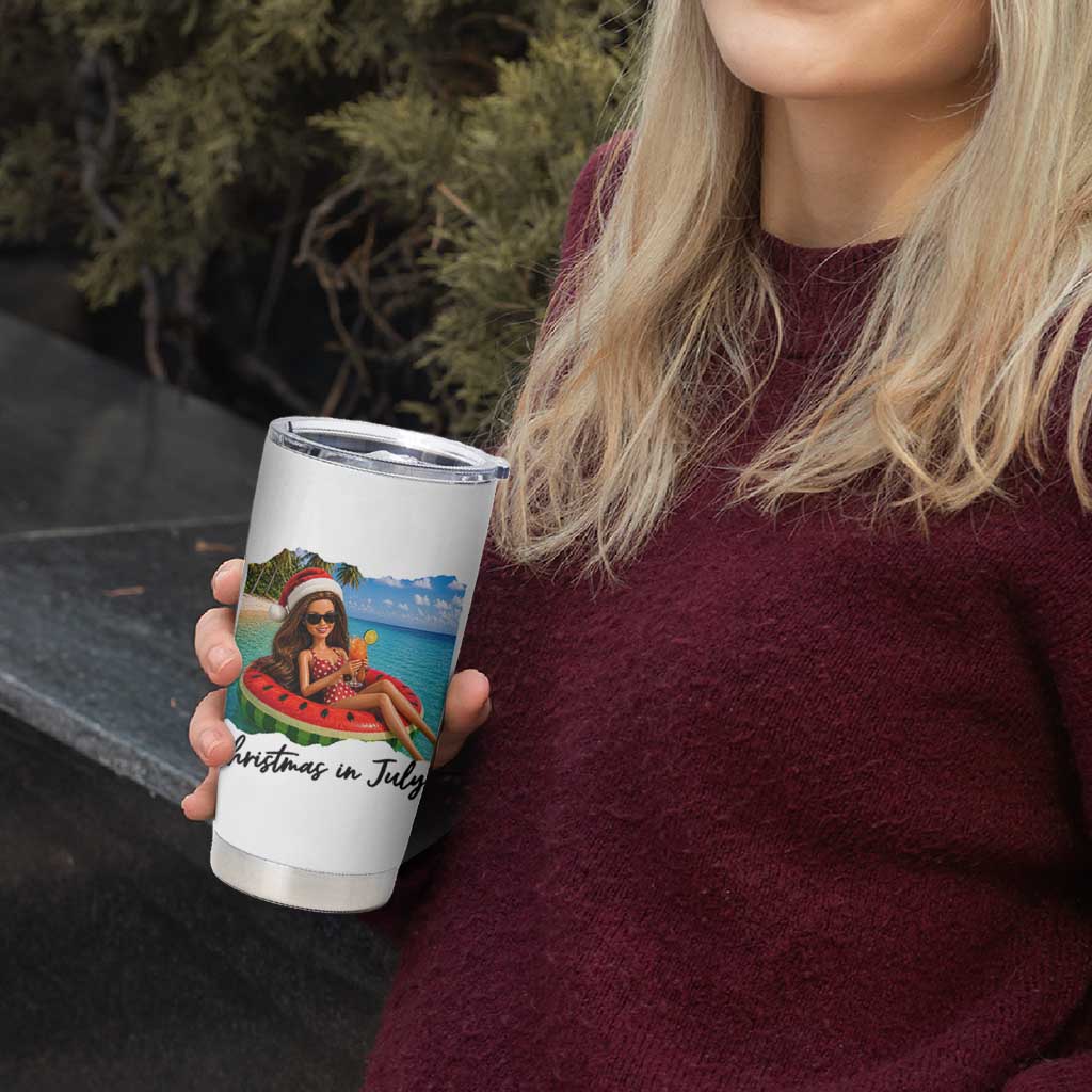 Christmas In July Tropical Doll Face Meme Tumbler Cup Summer Vacation Graphic
