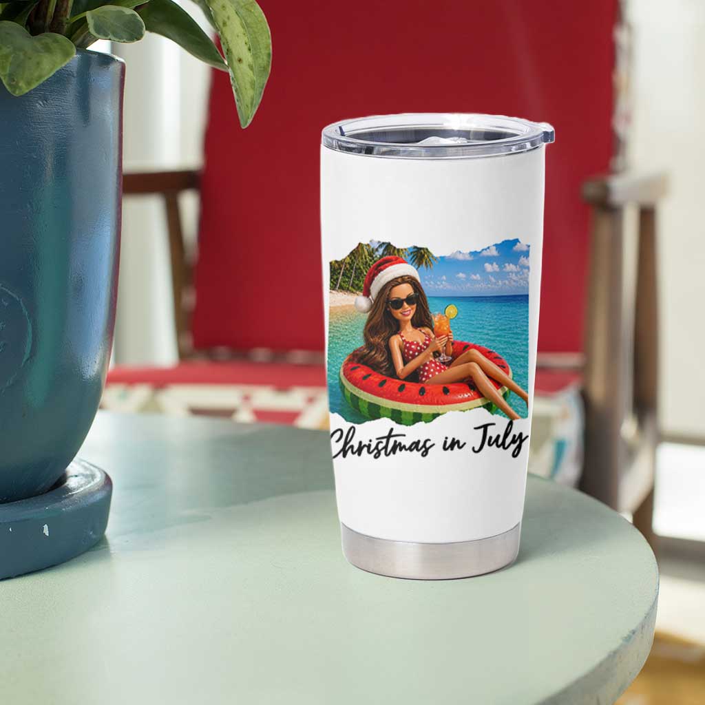 Christmas In July Tropical Doll Face Meme Tumbler Cup Summer Vacation Graphic