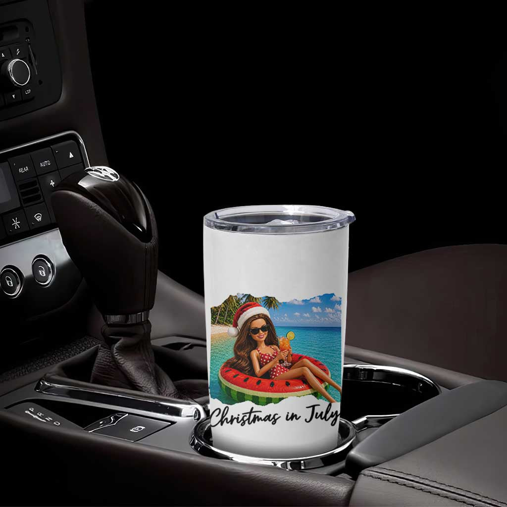 Christmas In July Tropical Doll Face Meme Tumbler Cup Summer Vacation Graphic